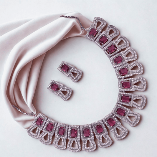 American Diamond Geometric Choker Necklace Set for Women - Pastel Stone Bridal Party Wear Jewellery - Bellavera Jewels
