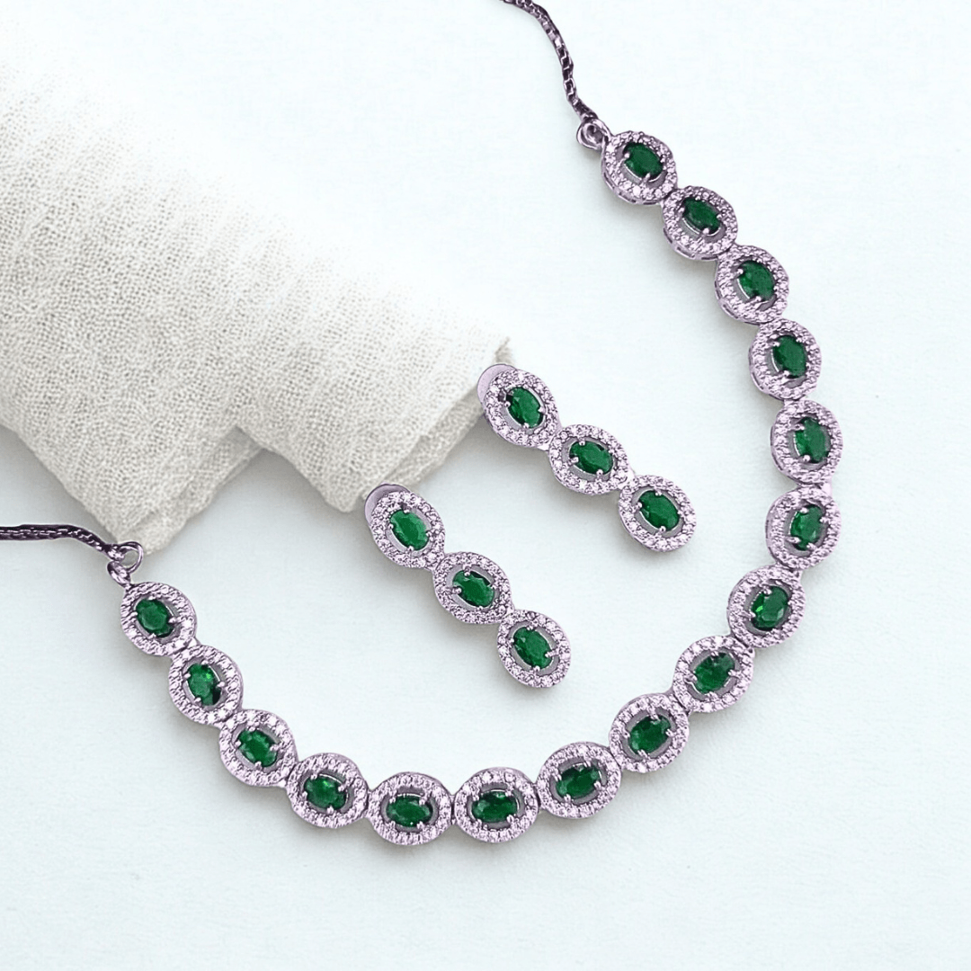 American Diamond Necklace Set with Oval CZ Design | Lightweight Bridal & Festive Imitation Jewelry for Women - Bellavera Jewels