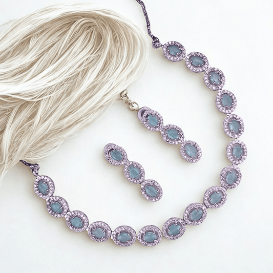 American Diamond Necklace Set with Oval CZ Design | Lightweight Bridal & Festive Imitation Jewelry for Women - Bellavera Jewels