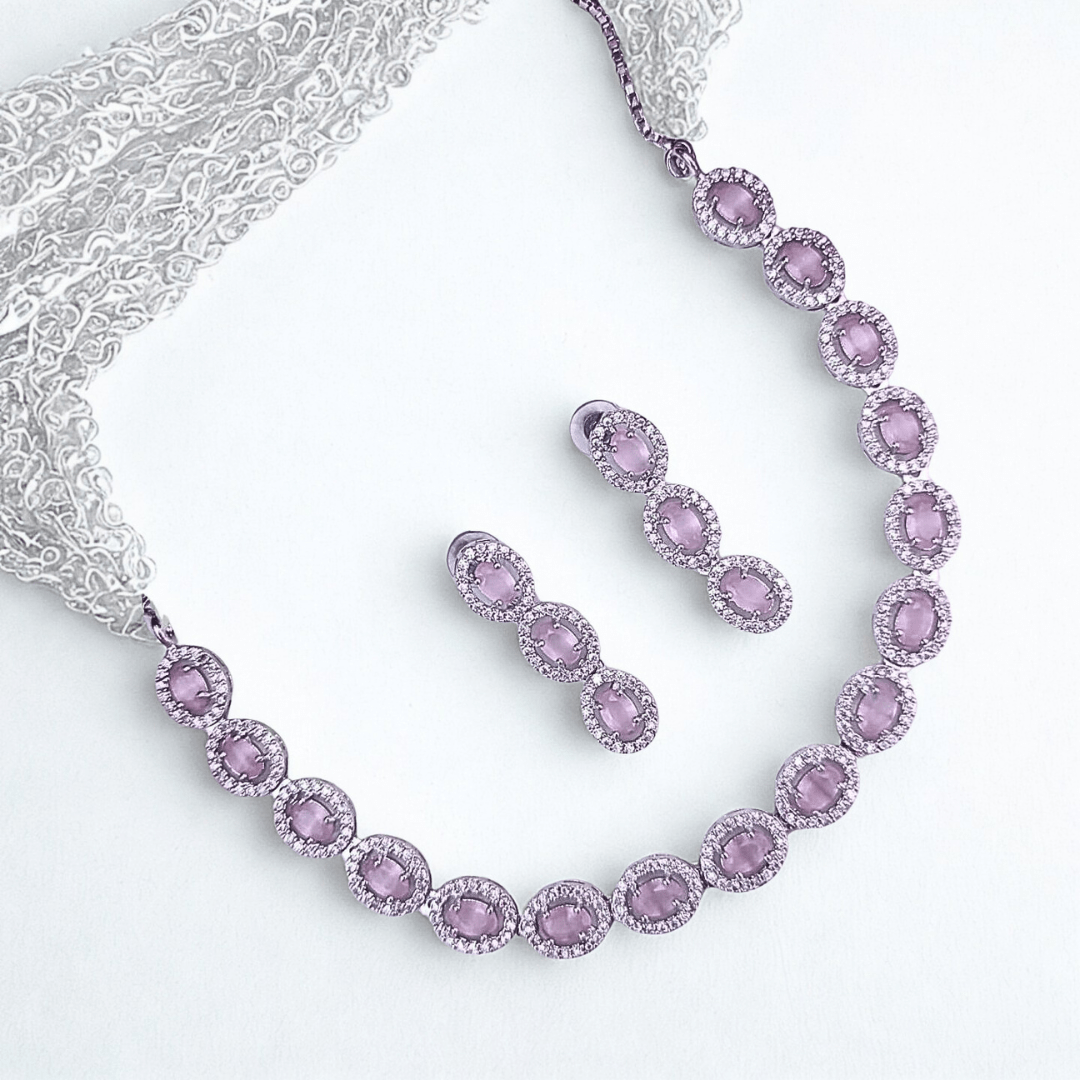 American Diamond Necklace Set with Oval CZ Design | Lightweight Bridal & Festive Imitation Jewelry for Women - Bellavera Jewels