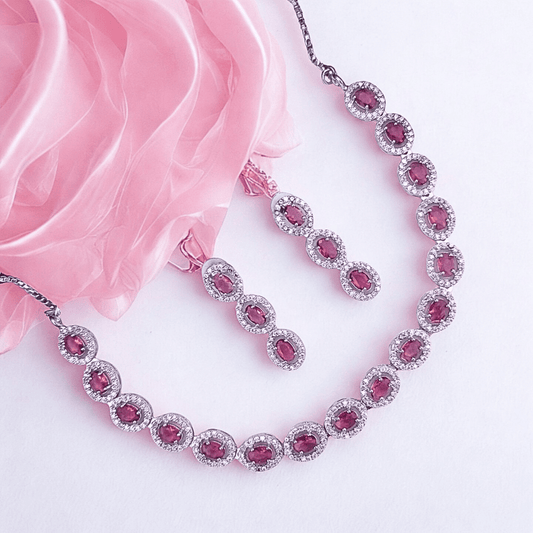 American Diamond Necklace Set with Oval CZ Design | Lightweight Bridal & Festive Imitation Jewelry for Women - Bellavera Jewels