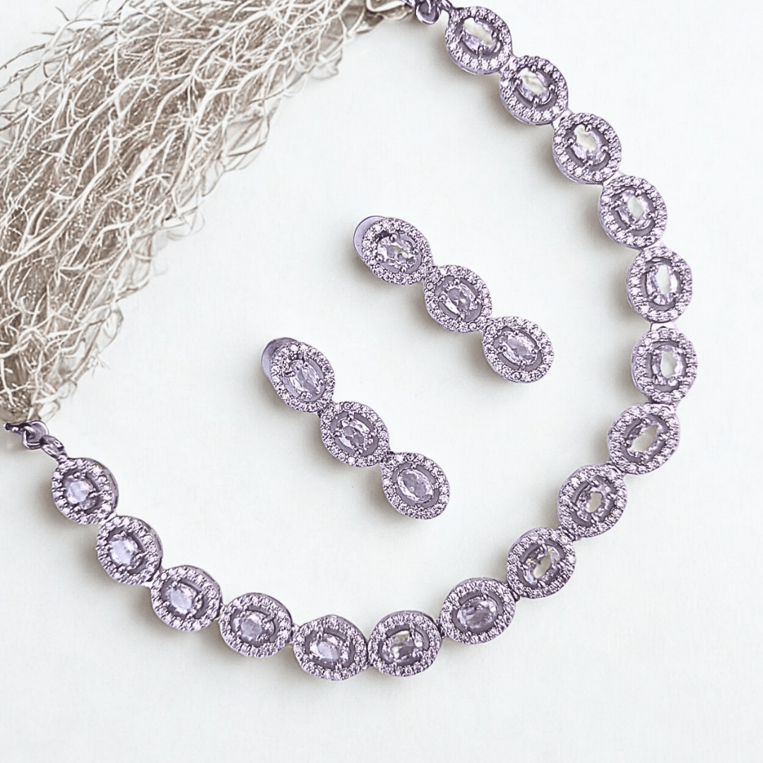 American Diamond Necklace Set with Oval CZ Design | Lightweight Bridal & Festive Imitation Jewelry for Women - Bellavera Jewels