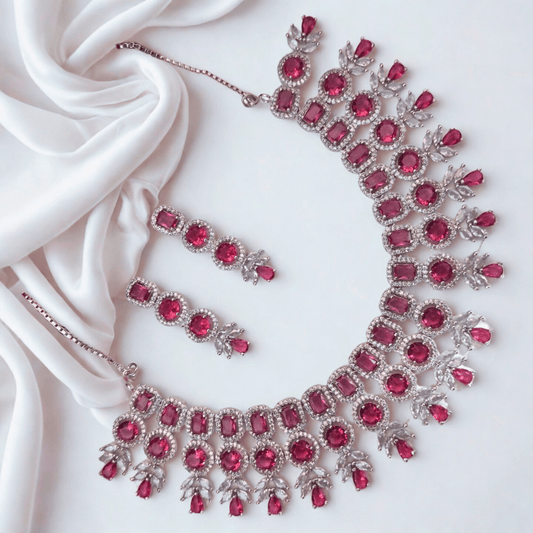 American Diamond Princess Layered Necklace Set for Women - Bridal Party Wear Choker with Drop Stones - Bellavera Jewels