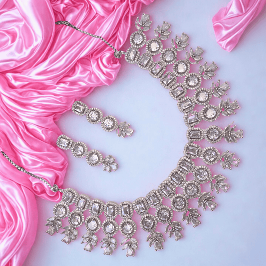 American Diamond Princess Layered Necklace Set for Women - Bridal Party Wear Choker with Drop Stones - Bellavera Jewels