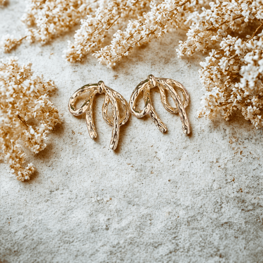 Anti - Tarnish Bow Earrings for Women - Textured Gold Polish Studs for Daily Party - wear - Bellavera Jewels