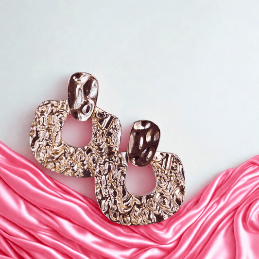 Anti - Tarnish Textured Gold Drop Earrings - Bold Artistic Designer Statement Studs - Bellavera Jewels