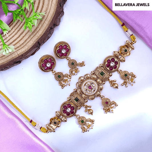 Antique Gold Finish Traditional Rajwadi Tediya Necklace Set - Bellavera Jewels