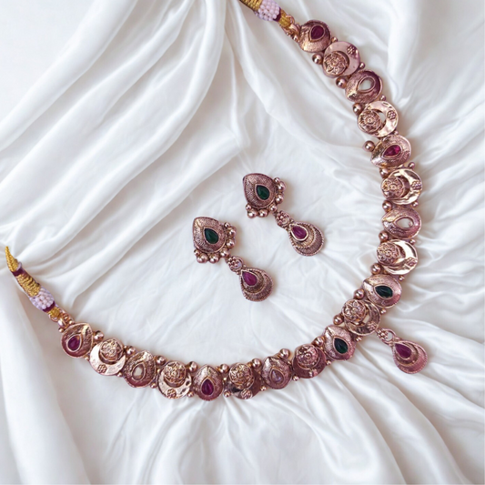 AntiqueGoldNecklaceSetwithRed_GreenStones-RN72_2