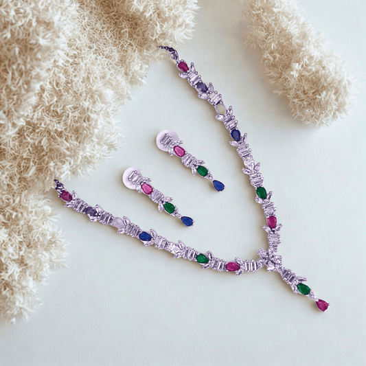 Elegant American Diamond Necklace Set with Teardrop CZ Accents | Party & Reception Wear Fashion Jewelry for Women - Bellavera Jewels
