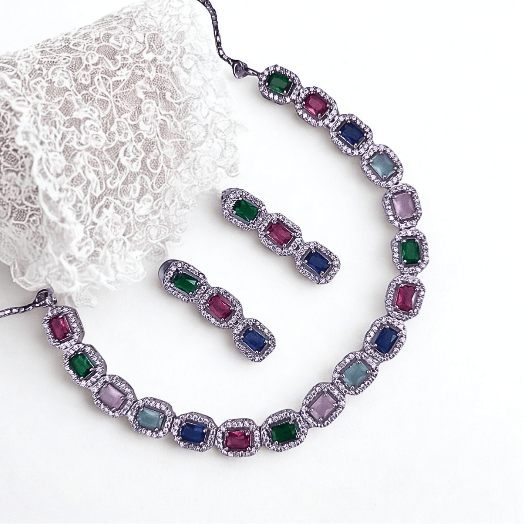 Elegant CZ Necklace Set with Radiant Gemstone Accents | American Diamond Party Jewelry for Women - Bellavera Jewels