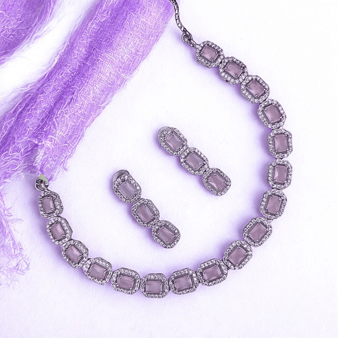 Elegant CZ Necklace Set with Radiant Gemstone Accents | American Diamond Party Jewelry for Women - Bellavera Jewels