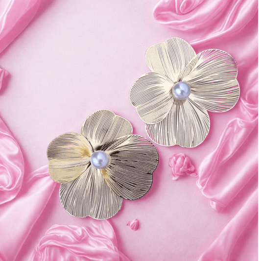 Elegant Gold - Plated Floral Stud Earrings with Pearl - Anti - Tarnish Jewellery for Indian Girls - Bellavera Jewels