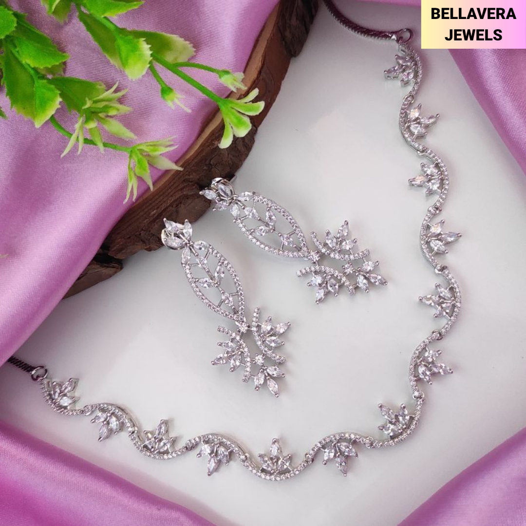 ElegantLeafPatternCZNecklaceSetforWomen-SILVER-ADNeck9014