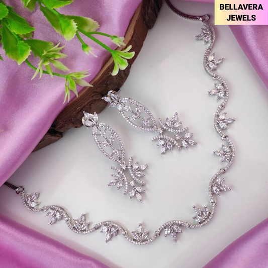ElegantLeafPatternCZNecklaceSetforWomen-SILVER-ADNeck9014