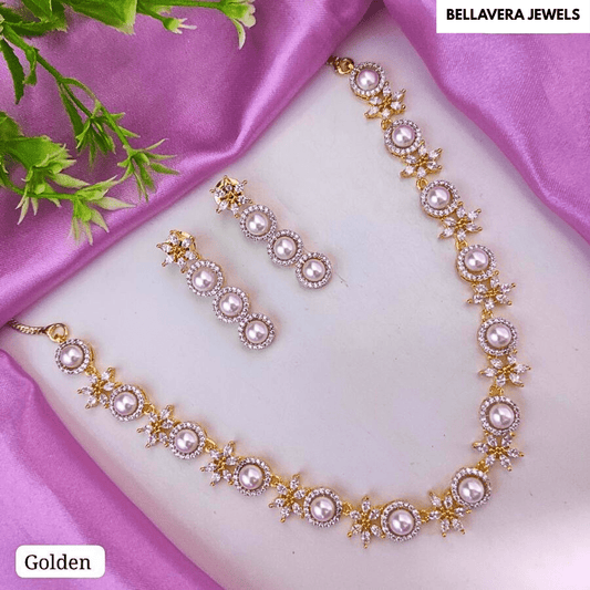 Elegant Pearl Cluster American Diamond Necklace Set - Bellavera Jewels
