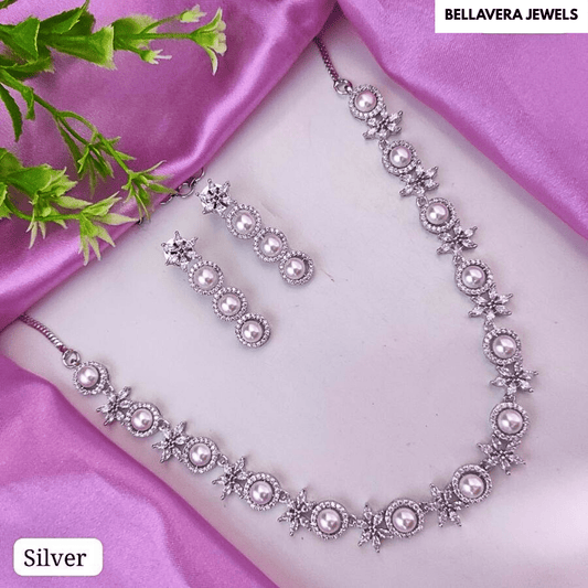 Elegant Pearl Cluster American Diamond Necklace Set - Bellavera Jewels