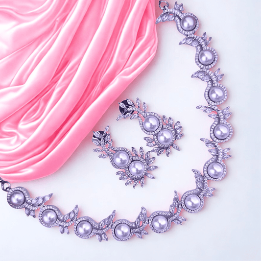 Elegant Pearl Embellished American Diamond Necklace Set - Bellavera Jewels