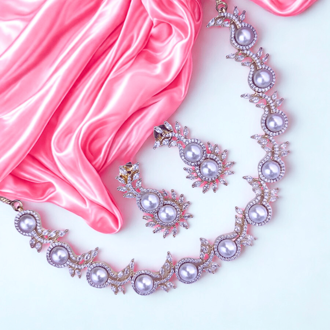 Elegant Pearl Embellished American Diamond Necklace Set - Bellavera Jewels