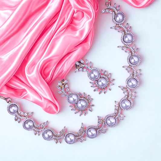 Elegant Pearl Embellished American Diamond Necklace Set - Bellavera Jewels