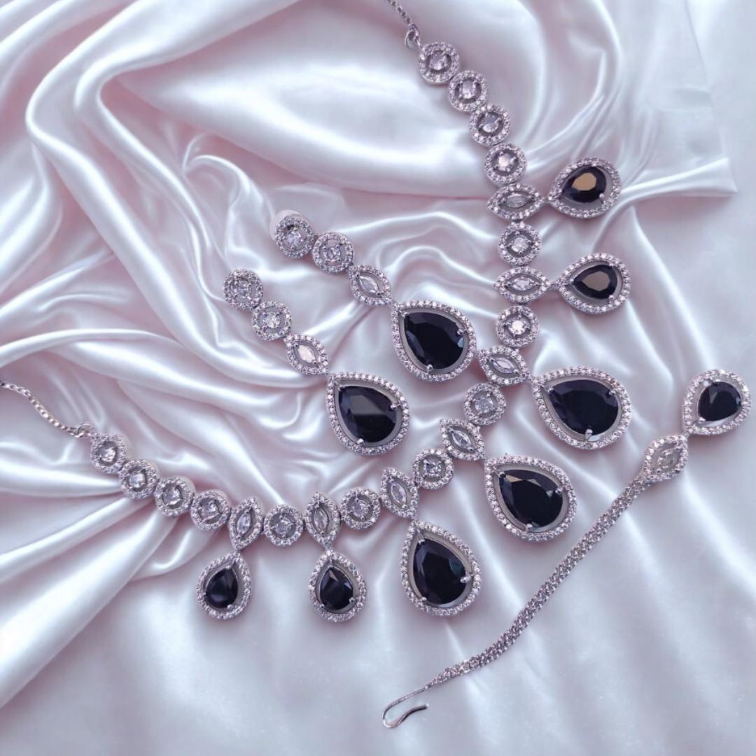ElegantTeardropAmericanDiamondNecklaceSet-BLACK-ADNeck9514
