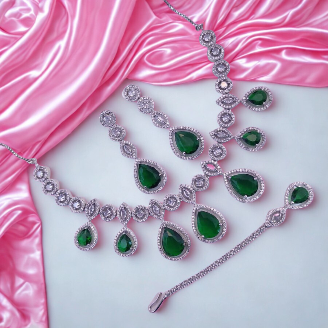 ElegantTeardropAmericanDiamondNecklaceSet-GREEN-ADNeck9520
