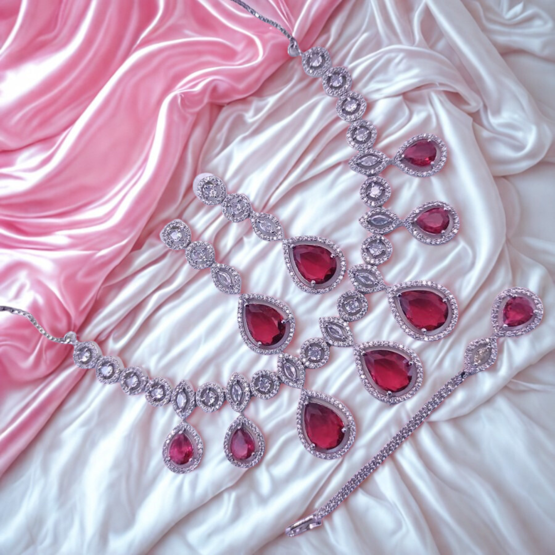 ElegantTeardropAmericanDiamondNecklaceSet-RED-ADNeck9515