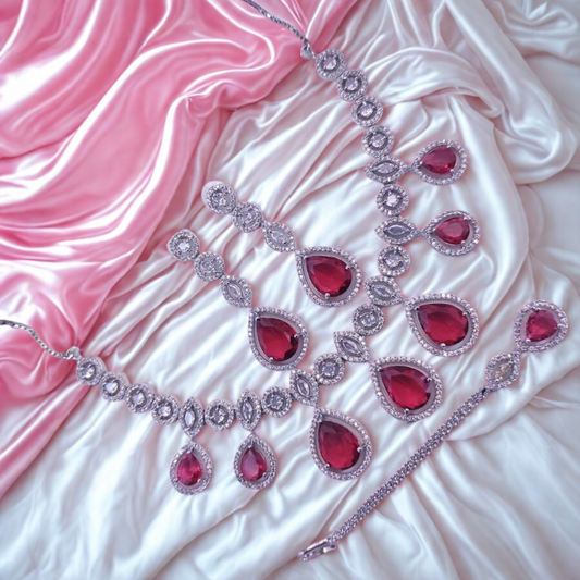 ElegantTeardropAmericanDiamondNecklaceSet-RED-ADNeck9515