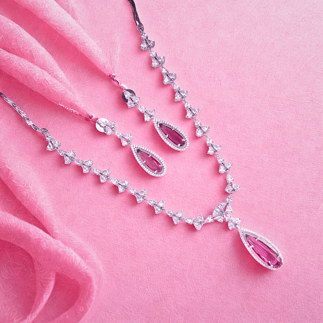 Elegant Teardrop American Diamond Necklace Set for Women | Designer Party Jewelry for Receptions & Festive Wear - Bellavera Jewels