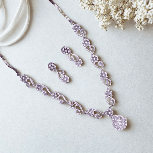 Floral American Diamond Necklace Set for Bridesmaids & Party Wear | Delicate Designer Jewelry with Sparkling CZ Stones - Bellavera Jewels