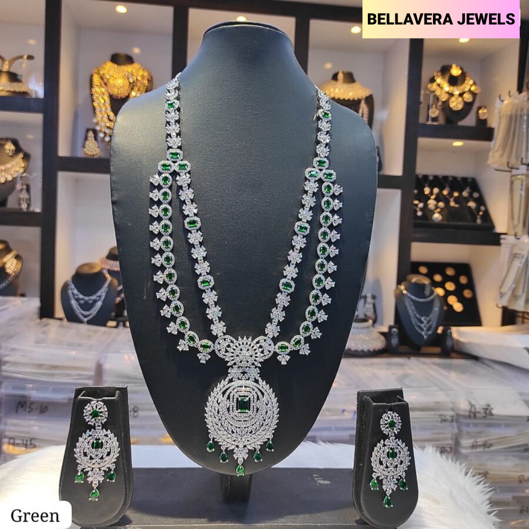GrandBridalDoubleLayerAmericanDiamondNecklaceSet-GREEN-ADNeck8971