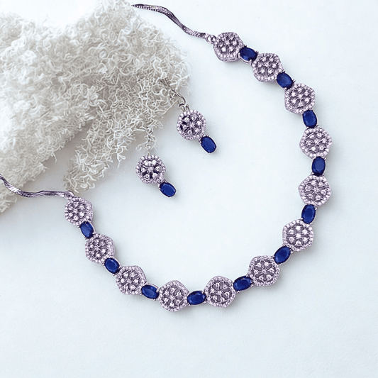 Hexagon - Cut CZ Necklace Set with Deep Violet Accents | Modern American Diamond Jewelry for Parties - Bellavera Jewels