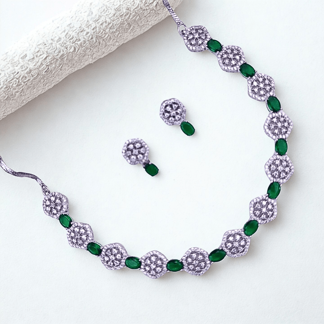 Hexagon - Cut CZ Necklace Set with Deep Violet Accents | Modern American Diamond Jewelry for Parties - Bellavera Jewels