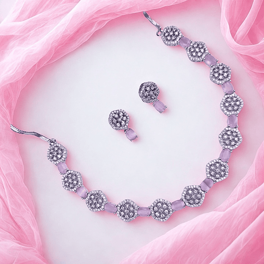 Hexagon - Cut CZ Necklace Set with Deep Violet Accents | Modern American Diamond Jewelry for Parties - Bellavera Jewels