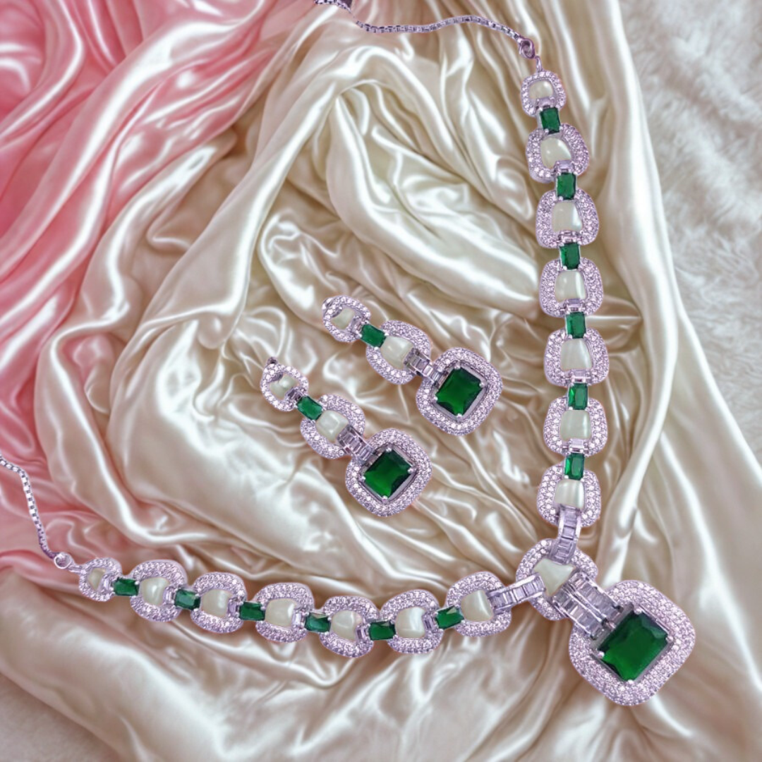 LuxuryAmericanDiamondNecklaceSet-GREEN-ADNeck9597
