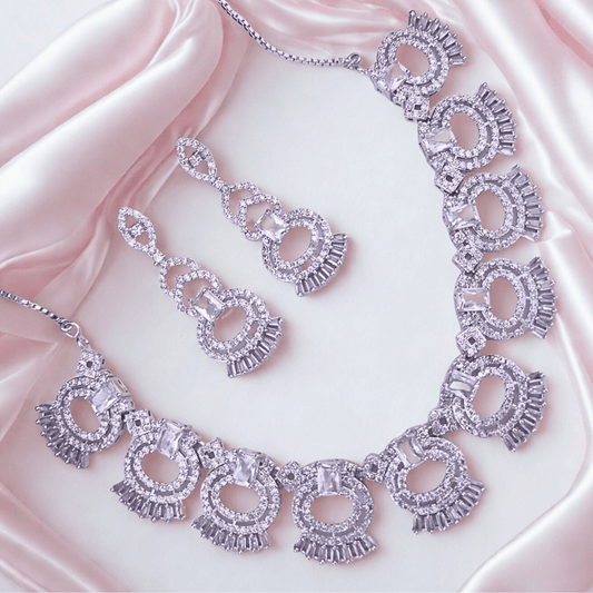Royale American Diamond Neck lace Set with Earrings Party Wedding Wear Jewellery for Women - Bellavera Jewels