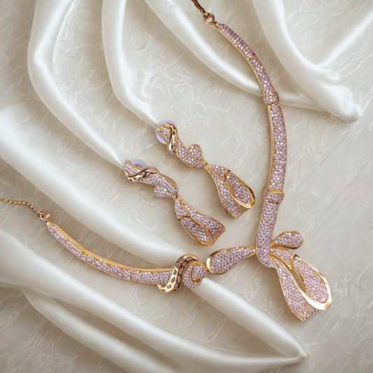 SculptedRibbonCZAmericanDiamondNecklaceSet-GOLDEN-ADNeck8989