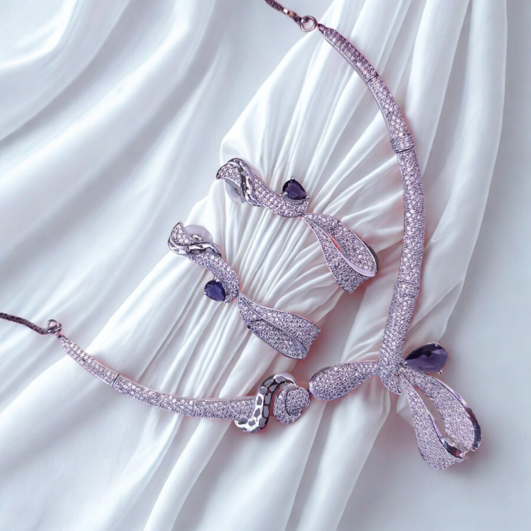 SculptedRibbonCZAmericanDiamondNecklaceSet-PURPLE-ADNeck8993