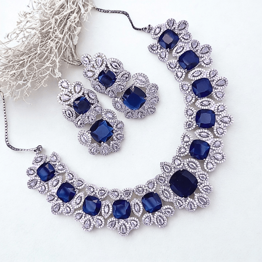 Statement CZ Choker Necklace Set with Deep Sapphire Accents | Bridal & Party Wear American Diamond Jewelry - Bellavera Jewels