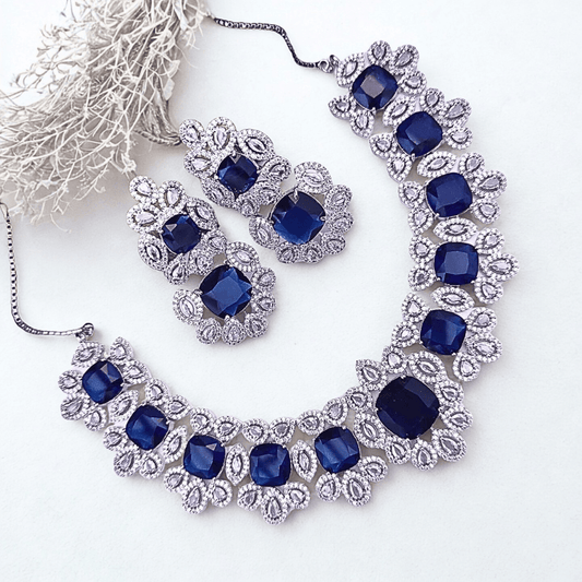 Statement CZ Choker Necklace Set with Deep Sapphire Accents | Bridal & Party Wear American Diamond Jewelry - Bellavera Jewels