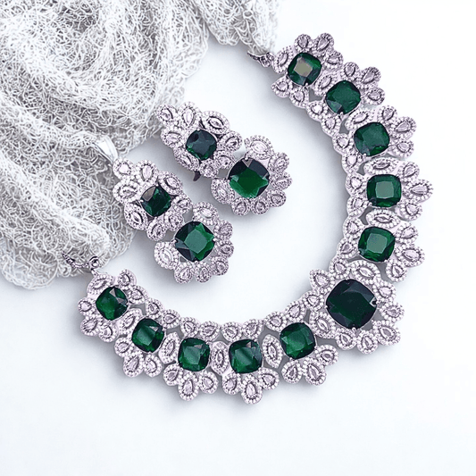 Statement CZ Choker Necklace Set with Deep Sapphire Accents | Bridal & Party Wear American Diamond Jewelry - Bellavera Jewels