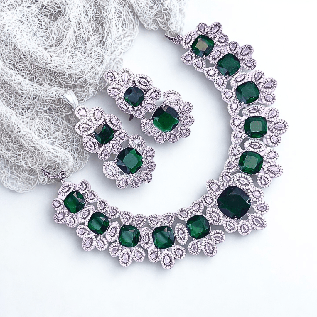 Statement CZ Choker Necklace Set with Deep Sapphire Accents | Bridal & Party Wear American Diamond Jewelry - Bellavera Jewels