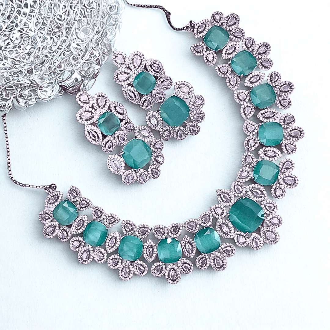 Statement CZ Choker Necklace Set with Deep Sapphire Accents | Bridal & Party Wear American Diamond Jewelry - Bellavera Jewels