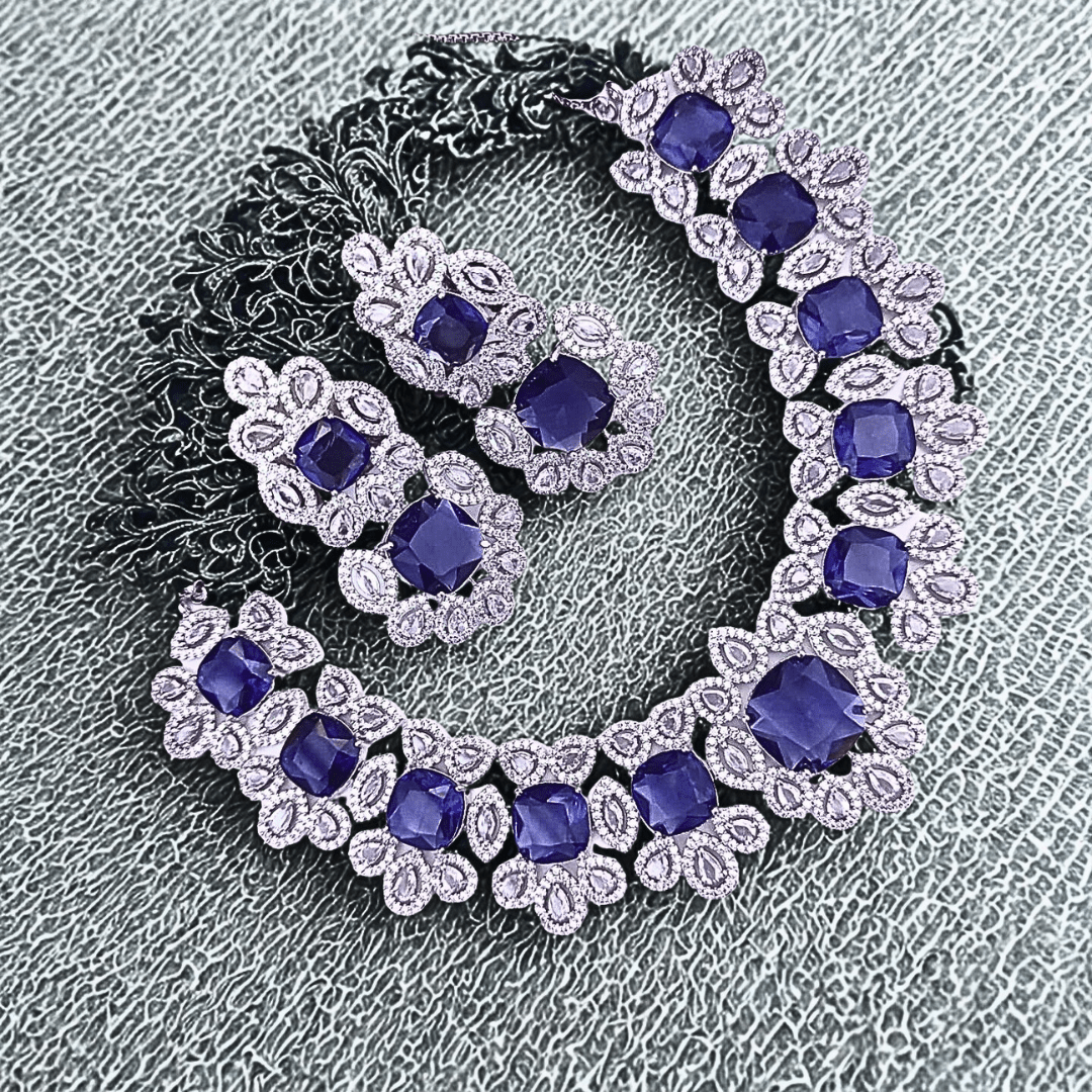 Statement CZ Choker Necklace Set with Deep Sapphire Accents | Bridal & Party Wear American Diamond Jewelry - Bellavera Jewels