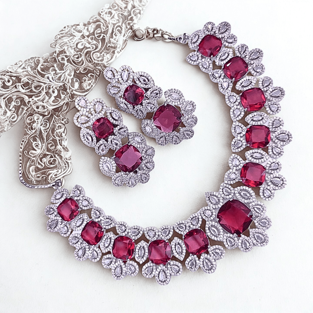 Statement CZ Choker Necklace Set with Deep Sapphire Accents | Bridal & Party Wear American Diamond Jewelry - Bellavera Jewels