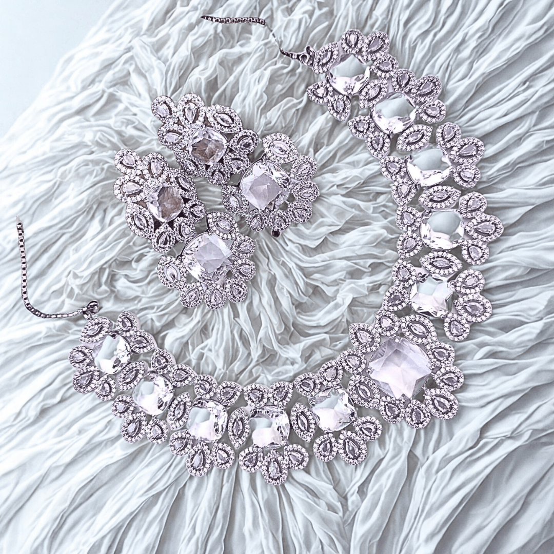 Statement CZ Choker Necklace Set with Deep Sapphire Accents | Bridal & Party Wear American Diamond Jewelry - Bellavera Jewels