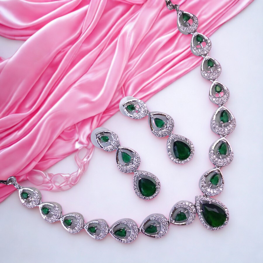 TeardropAmericanDiamondNecklaceSet-GREEN-ADNeck9061