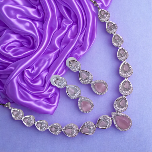 TeardropAmericanDiamondNecklaceSet-PINK-ADNeck9062