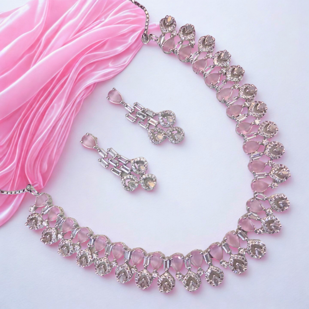 TeardropClusterAmericanDiamondNecklaceSet_Bridal_OccasionWearJewellery-Pinkcolour-AdNeck7854